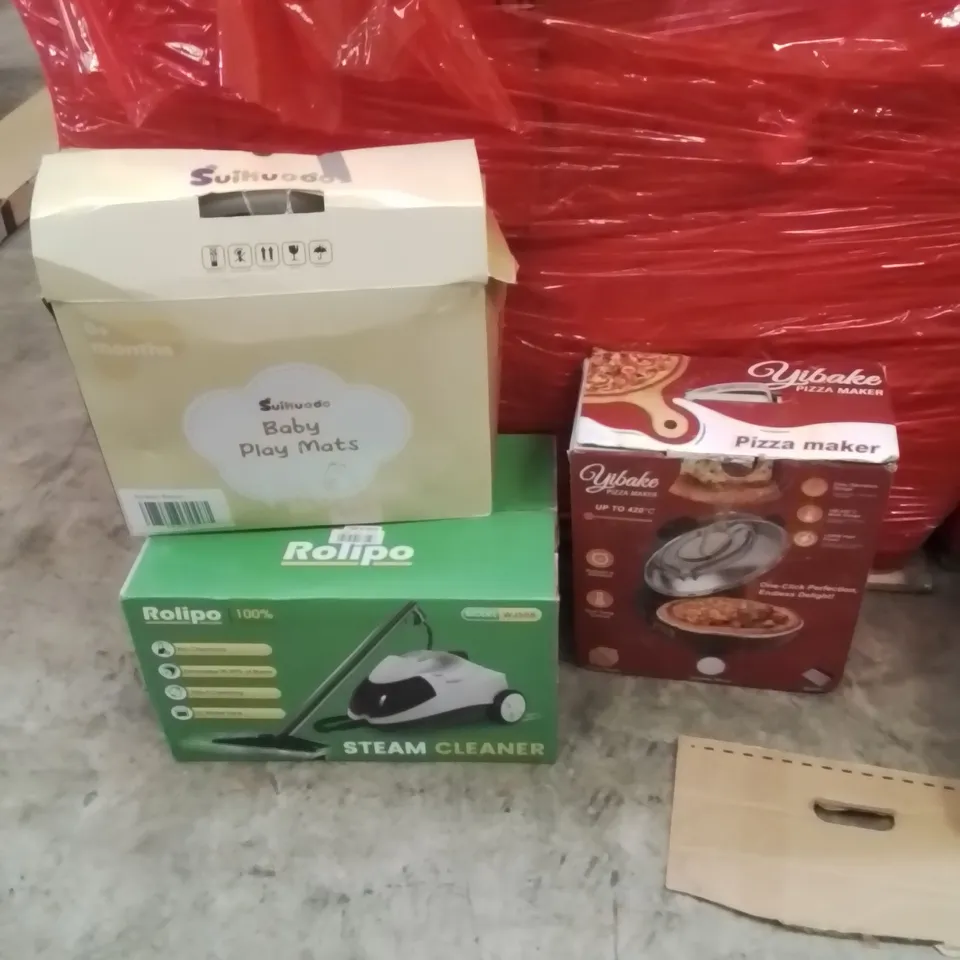 PALLET OF ASSORTED HOUSEHOLD GOODS AND PRODUCTS TO INCLUDE;STEAM CLEANER,PIZZA MAKER,PLAY MATS