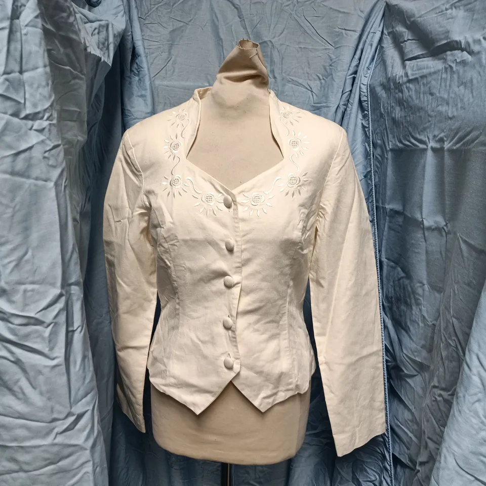 LAURA ASHLEY CREAM WOMEN'S JACKET WITH EMBROIDERED FLORAL NECKLINE – MADE IN HONG KONG