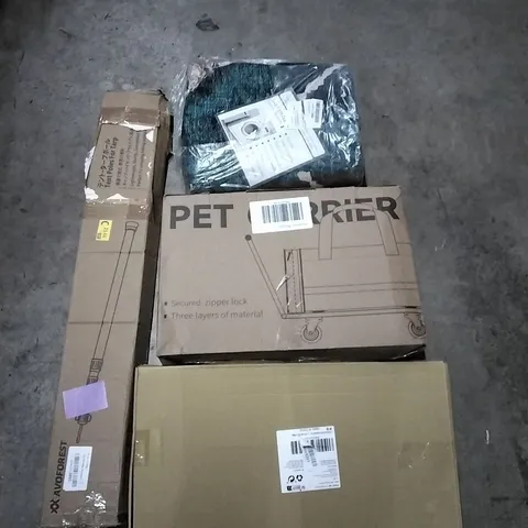 PALLET OF HOUSEHOLD ITEMS TO INCLUDE FLOATING SHELF, RUG,PET CARRIER, TENT POLES AND OTHER ASSORTED ITEMS...