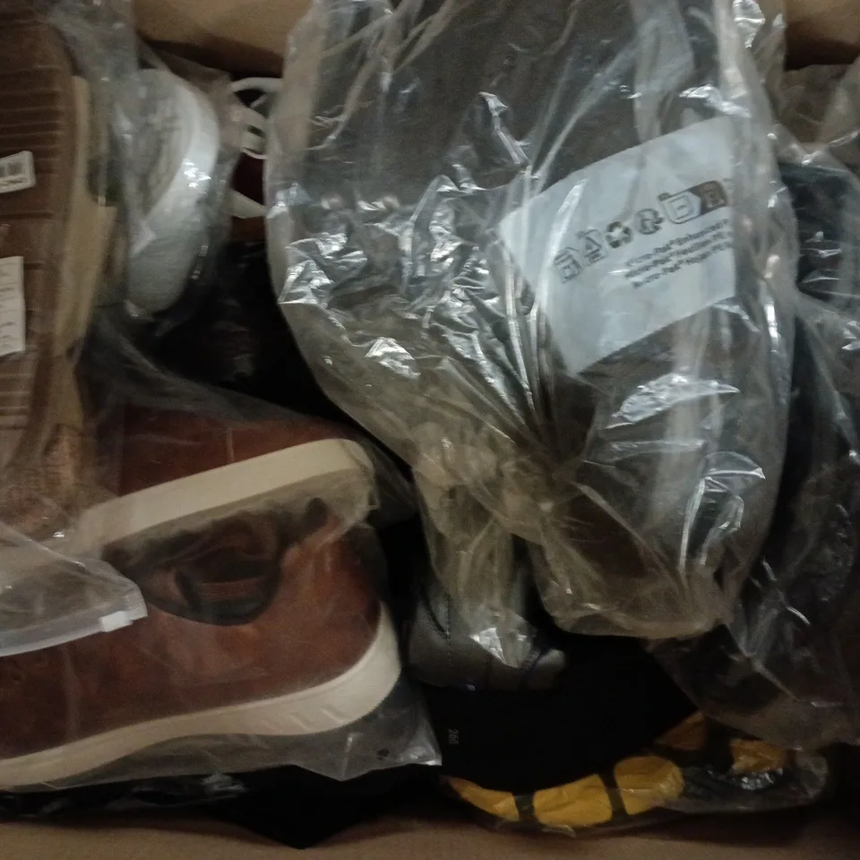 BOX OF APPROXIMATELY 15 ASSORTED PAIRS OF SHOES AND FOOTWEAR ITEMS IN VARIOUS COLOURS, STYLES, AND SIZES - COLLECTION ONLY