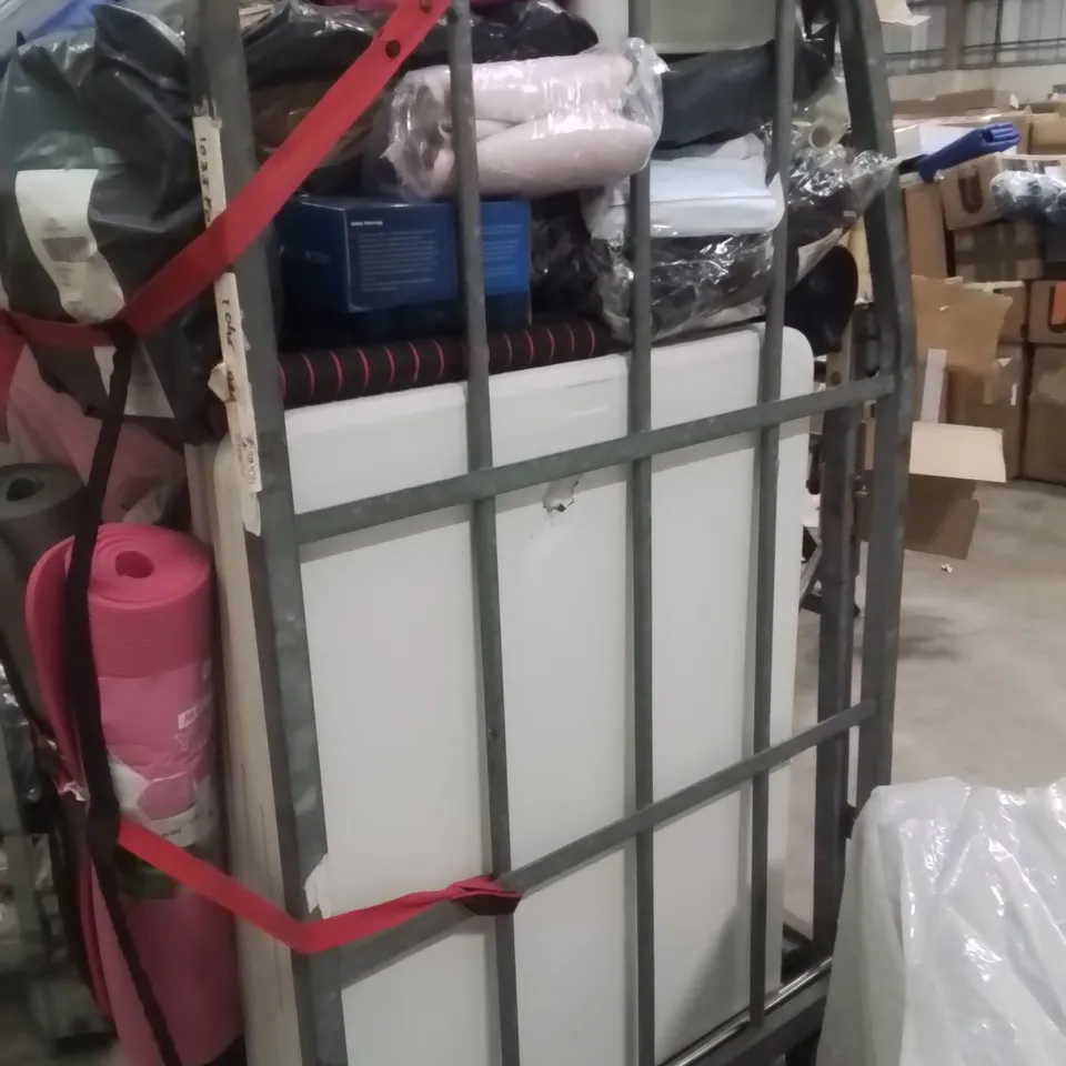 CAGE OF ASSORTED HOUSEHOLD GOODS AND PRODUCTS TO INCLUDE;FOLDING TABLES,YOGA MAT,LED CHRISTMAS LIGHTS