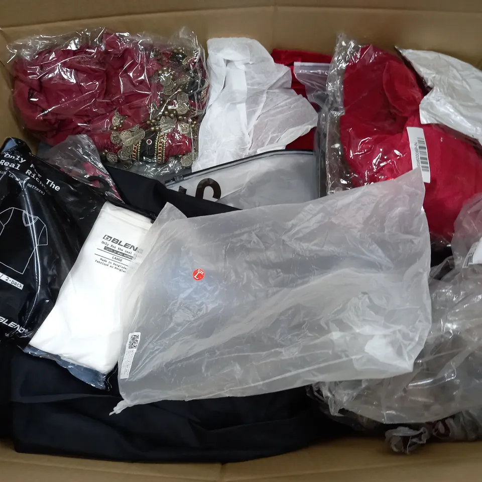 BOX OF APPROXIMATELY 25 ASSORTED CLOTHING ITEMS TO INCUDE - TIGHTS,  JUMPERS , T-SHIRTS , TROUSERS,ECT 