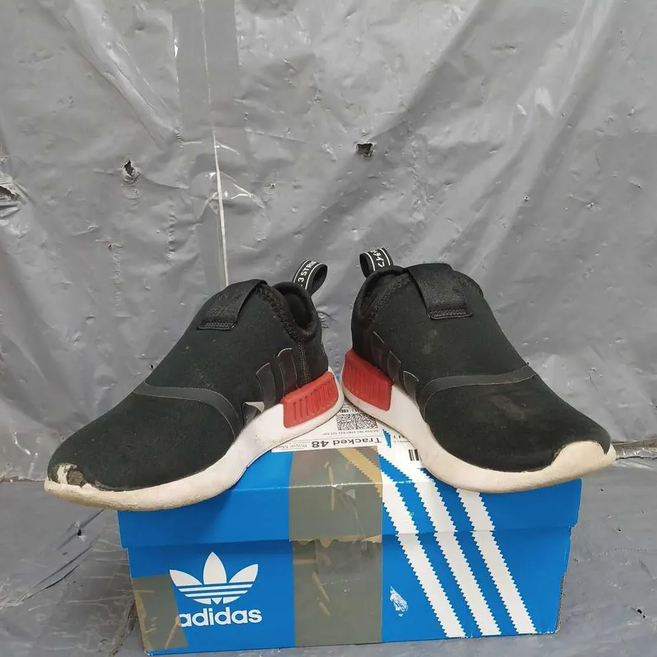 BOXED PAIR OF ADIDAS UNISEX 360 NMD TRAINERS IN BLACK SIZE 13 KIDS