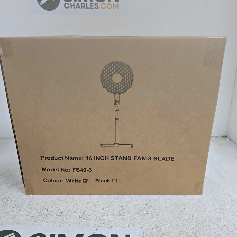 16" WHITE STAND FAN 3 BLADE BOXED