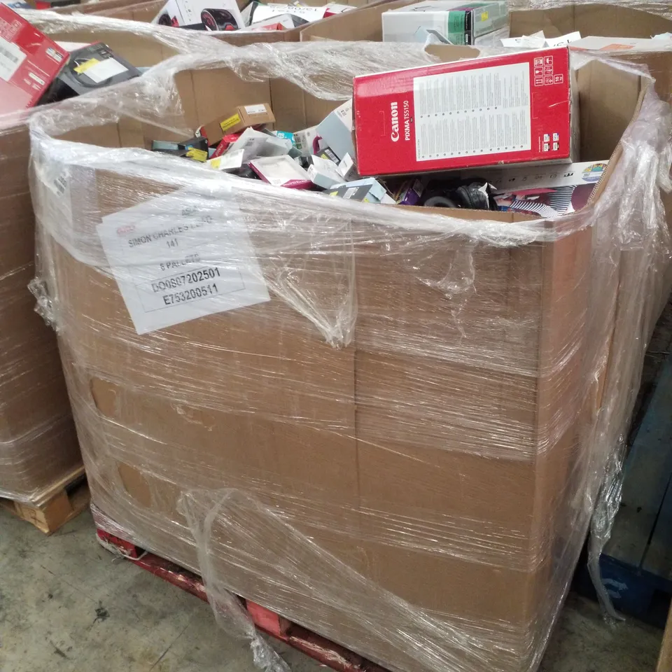 PALLET CONTAINING ASSORTED ELECTRICAL RETURNS INCLUDING CANON PIXMA TS3350 PRINTER, HP DESKJET 2810E PRINTER, BLUETOOTH CD BOOMBOX, HDMI DVD PLAYER WITH REMOTE, WIRELESS HEADPHONES & PHONE CASES 