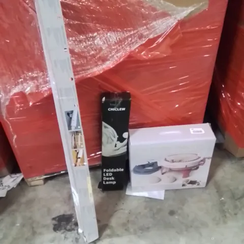 PALLET OF ASSORTED HOUSEHOLD GOODS AND PRODUCTS TO INCLUDE;KNITTING MACHINE,DESK LAMP,SLIMLINE HEATER
