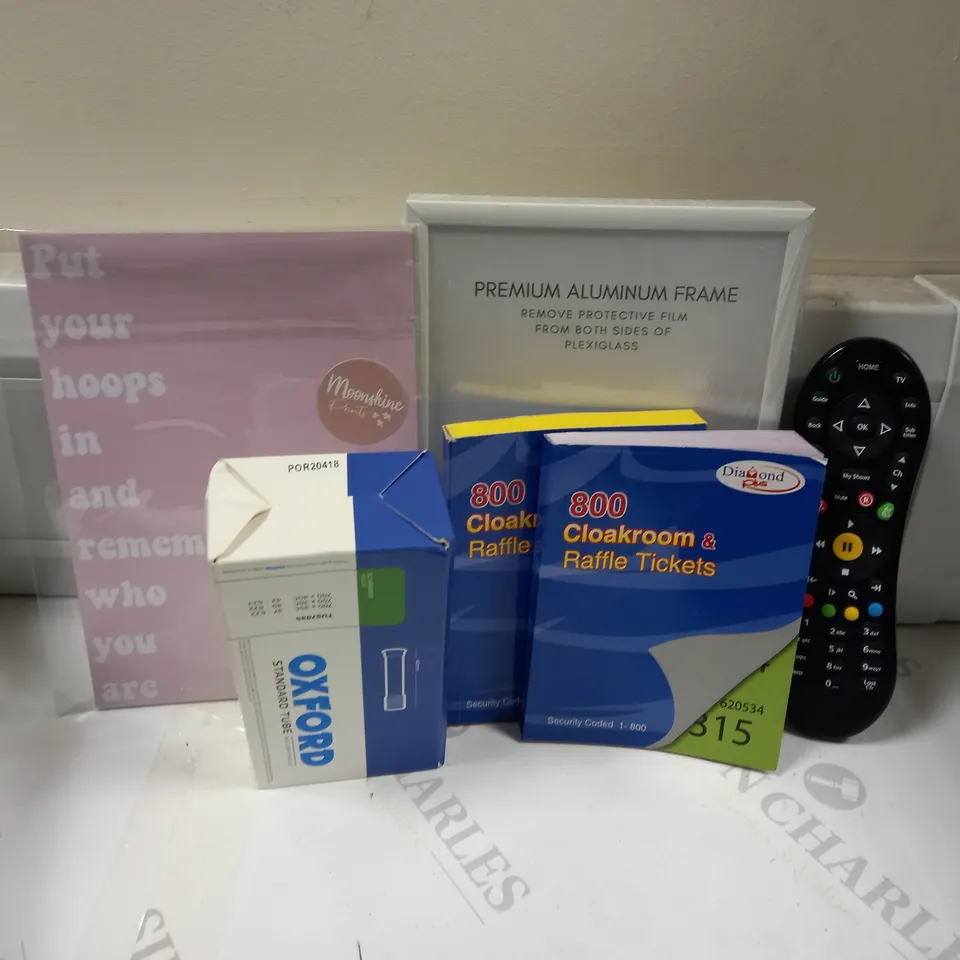 LOT OF APPROX 20 HOUSEHOLD ITEMS TO INCLUDE VIRGIN TV REMOTE, RAFFLE TICKETS AND PICTURE FRAME 
