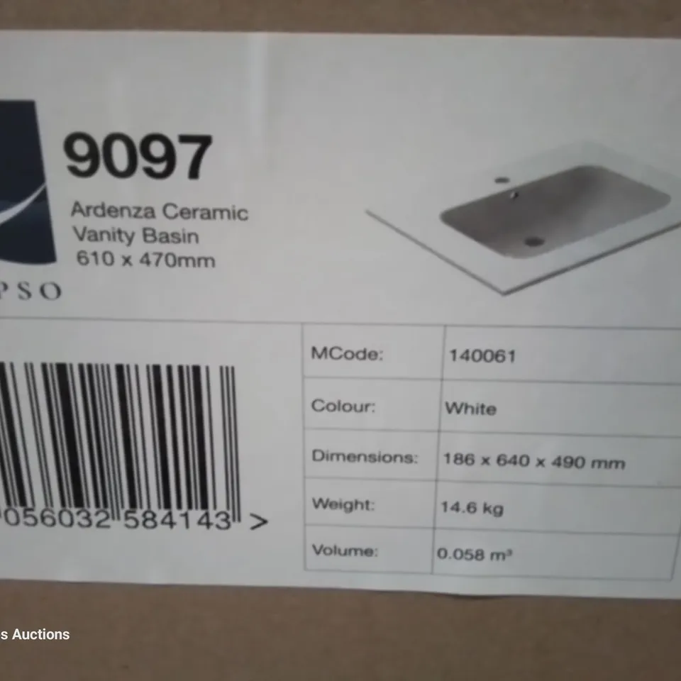 BOXED CALYPSO ARDENZA SINGLE TAP CERAMIC VANITY BASIN WHITE 186 × 640 × 490mm
