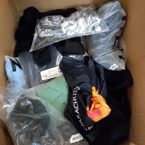 BOX OF ASSORTED CLOTHING ITEMS TOO INCLUDE JUMPERS, SHIRTS AND TROUSERS IN VARIOUS SIZES AND COLOURS