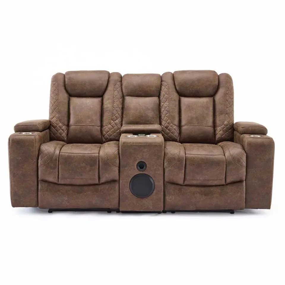 BOXED ASHTON 2 SEATER FABRIC AUTO RECLINER SOFA WITH CONSOLE - BROWN (3 BOXES)