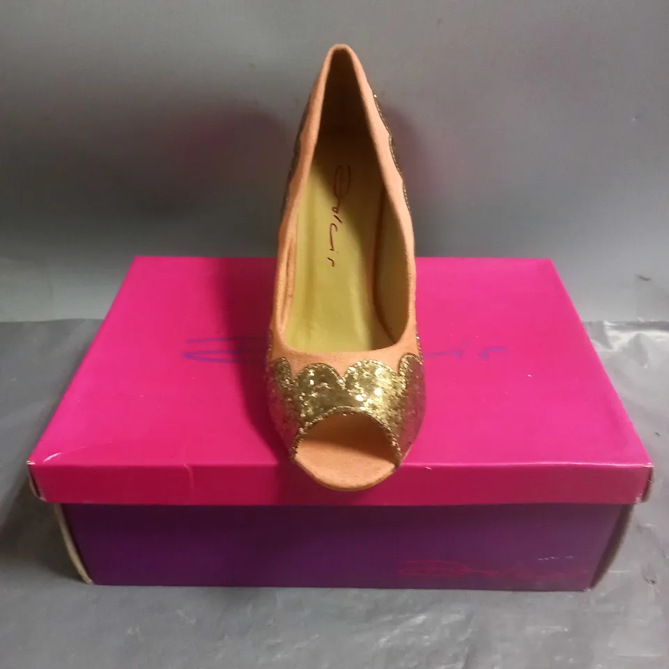 DOLCIS LADIES HIGH HEELED OPEN TOE SHOES CORAL/BRONZE GLITTER SIZE 3