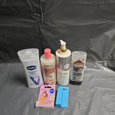 APPROXIMATEY 20 ASSORTED HEALTH AND BEAUTY PRODUCTS TO INCLUDE - SOAP & GLORY BODY WASH - OLAY RESTORING BODY LOTION AND NIVEA PRINCESS LIP BALM