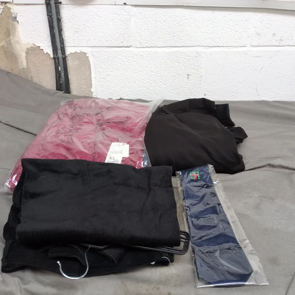 BOX OF APPROXIMATELY 20 ASSORTED CLOTHING ITEMS TO INCLUDE BLACK JOGGERS, RED PADDED JACKET, TIE, BLACK CORDUROY TROUSERS ETC