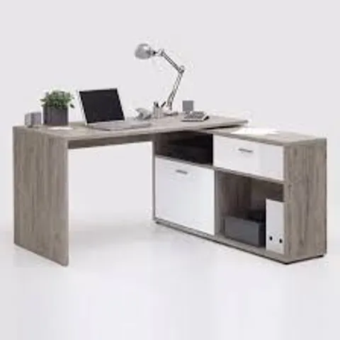 BRAND NEW & BOXED MATTIA CORNER COMPUTER DESK IN SAND OAK & WHITE HIGH GLOSS (2 BOXES)