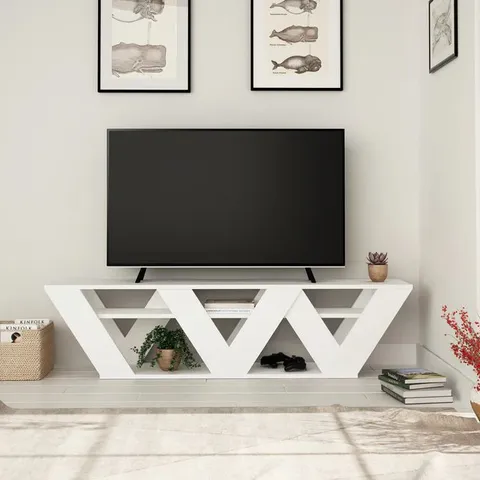 BOXED RALLA MODERN TV STAND MULTIMEDIA CENTRE WITH SHELVES 158CM IN WHITE (1 BOX)