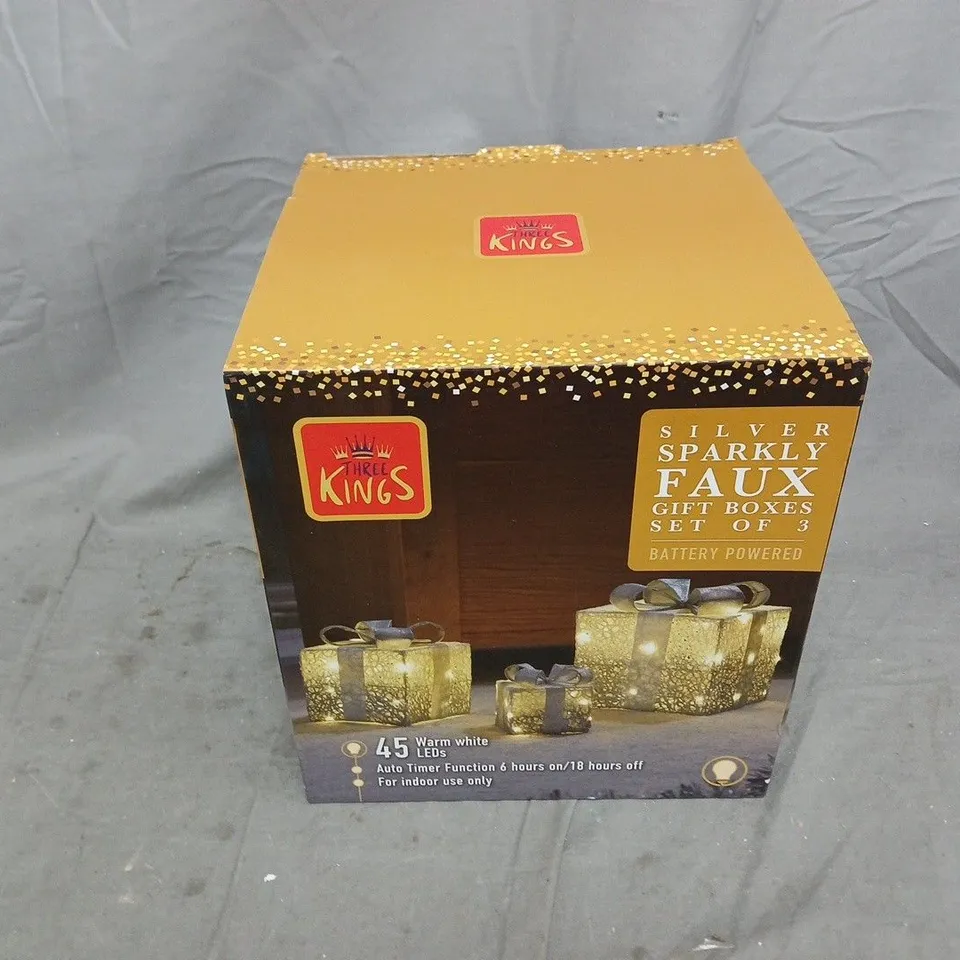 BOXED THREE KINGS SILVER SPARKLY FAUX GIFT BOXES SET OF 3