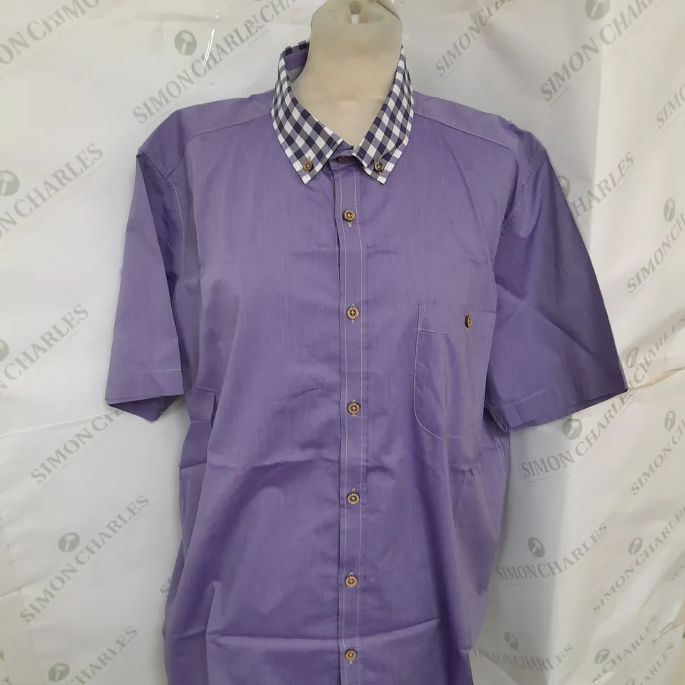 TED BAKER BUTTON UP SHORT SLEEVE CECK COLLAR SHIRT IN PURPLE SIZE 6