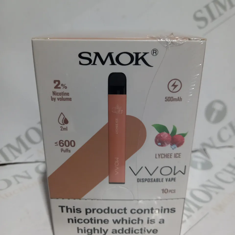 BOXED CELLOPHANE-WRAPPED PACK OF TEN SMOK VVOW DISPOSABLE VAPES - LYCHEE ICE 
