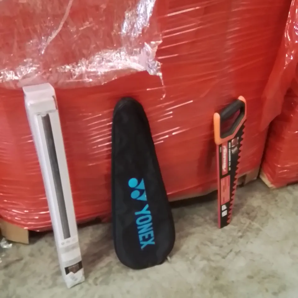 PALLET OF ASSORTED HOUSEHOLD GOODS AND PRODUCTS TO INCLUDE;SAW,TENNIS RACKET,BLINDS