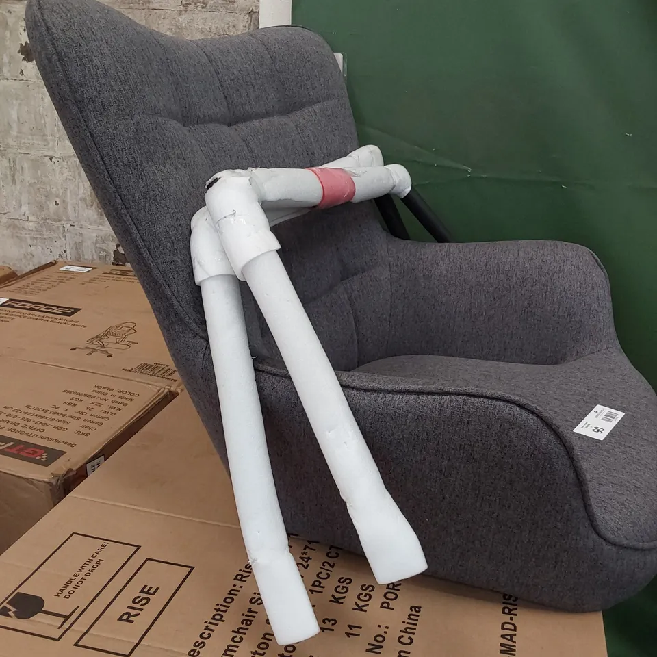 DESIGNER UPHOLSTERED GREY FABRIC CHAIR ON BLACK METAL LEGS 