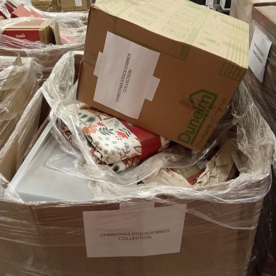 PALLET TO CONTAIN A LARGE ASSORTMENT OF CHRISTMAS DECORATIONS ITEMS TO INCLUDE; BAUBLES, DUVET COVER SETS, LIGHTING DECOR ETC