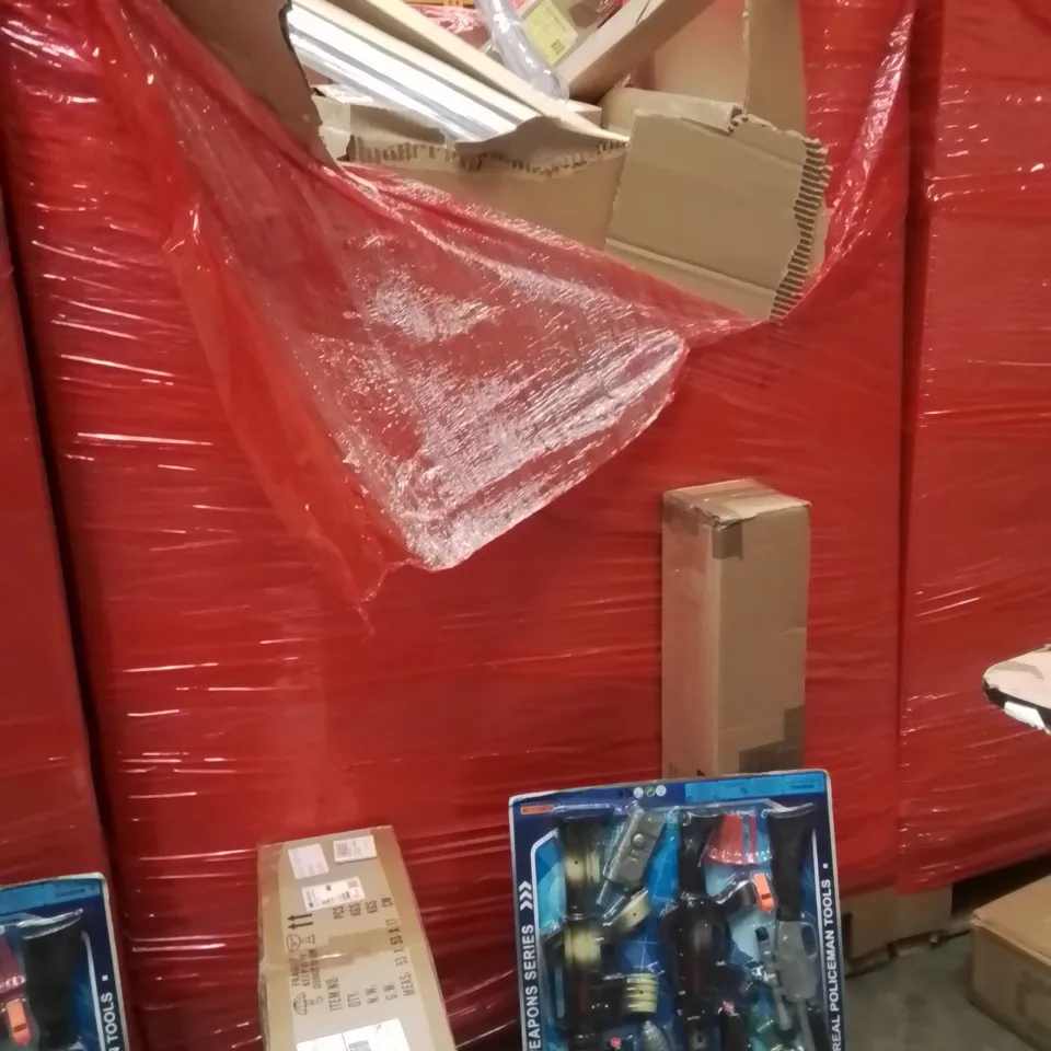 PALLET OF ASSORTED HOUSEHOLD GOODS AND PRODUCTS TO INCLUDE;CEILING FAN WITH LIGHT,KIDS POLICE TOYS,RETRACTABLE SAFETY GATE