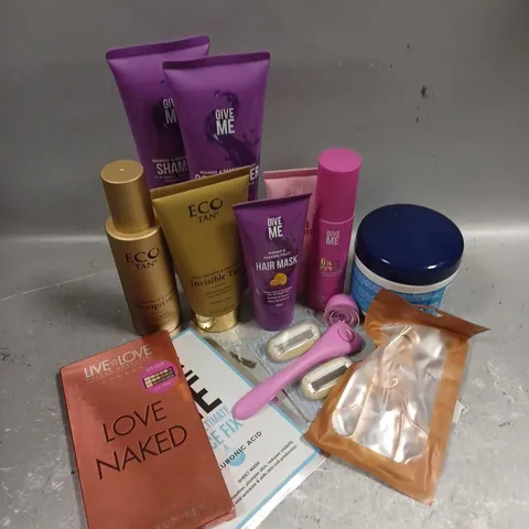 APPROXIMATELY 20 ASSORTED COSMETIC ITEMS TO INCLUDE - ECO TAN BODY TANNING WATER - GIVE ME FACE SERUM - ESTRID RAZER -  ETC