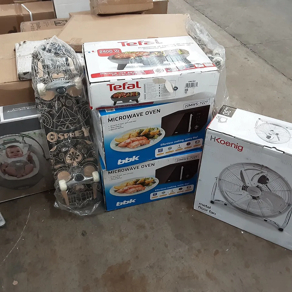 PALLET OF ASSORTED PRODUCTS TO INCLUDE TEFAL POWERGRILL, BBK MICROWAVE OVEN,  INGENUITY AUTOMATIC BOUNCER, OSPREY SKATEBOARD, HKOENIG METAL FLOOR FAN, PRE-LIT ALASKAN PINE GREEN  