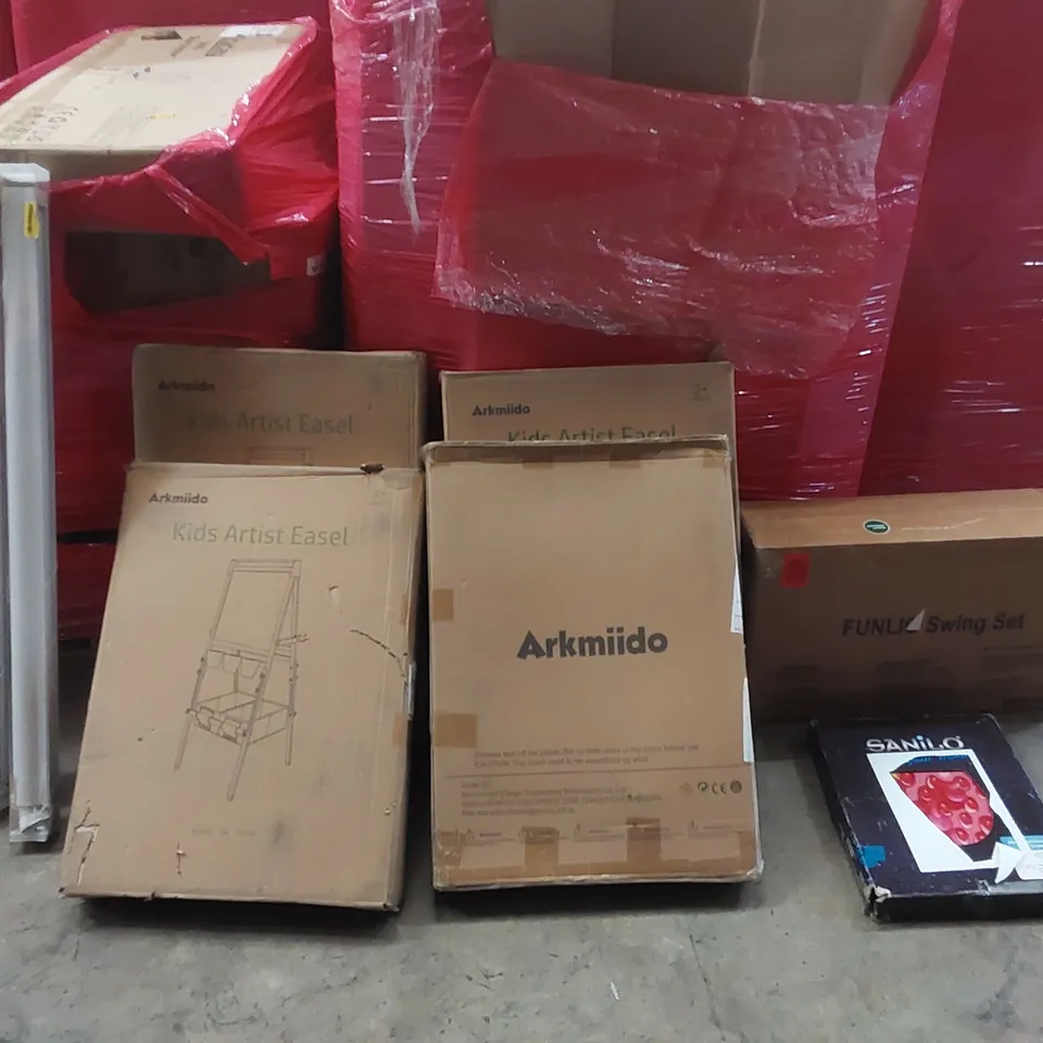 PALLET OF ASSORTED ITEMS INCLUDING: ARKMIIDO KIDS ARTIST EASEL, SWING SET, BLINDS, TOILET SEAT ECT