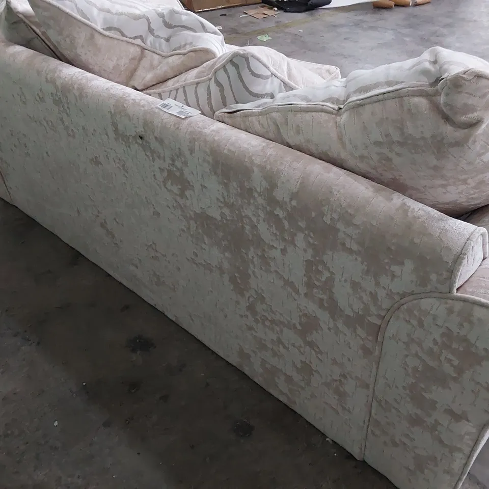 DESIGNER SCROLL ARM THREE SEATER SOFA WITH SCATTER CUSHIONS & STUDDED DETAIL 
