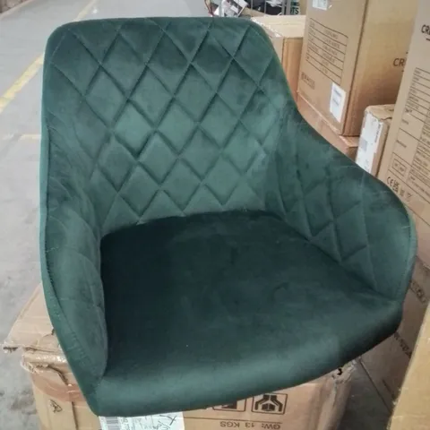 BOXED PAIR OF SOFT VELVET UPHOLSTERED GREEN SIDE/DINING CHAIRS.