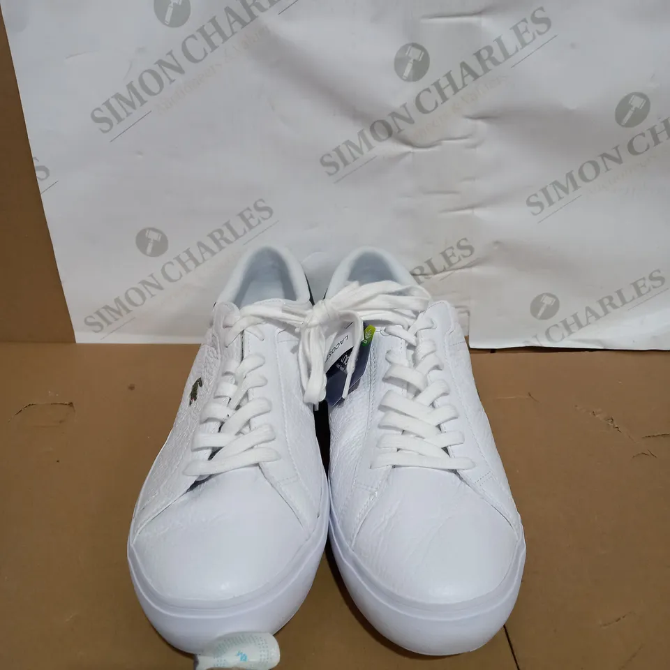 BOXED PAIR OF MENS WHITE LACOSTE TRINERS SIZE 10