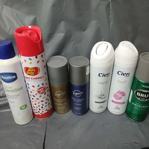 APPROXIMATELY 15 ASSORTED AEROSOLS TO INCLUDE BRUT DEODORANT, JELLY BELLY VERY CHERRY ROOM FRAGRANCE, VASELINE ALOE SENSITIVE, ETC - COLLECTION ONLY