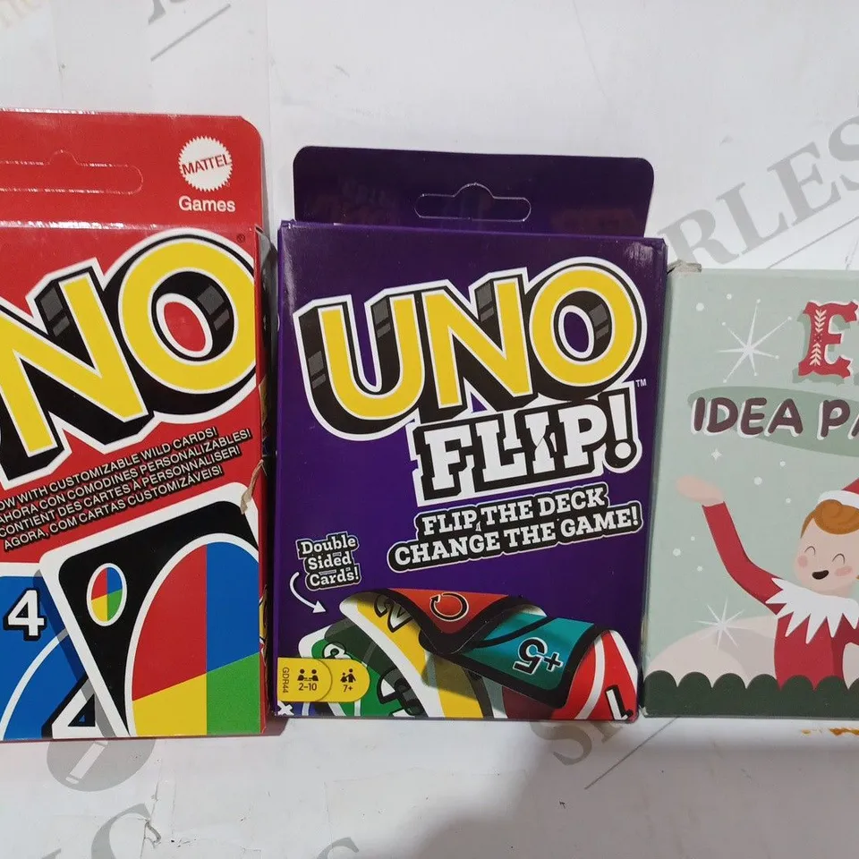 BOX OF APPROXIMATELY 10 ASSORTED TOYS AND GAMES TO INCLUDE ELF IDEA PACK, UNO FLIP, UNO, ETC