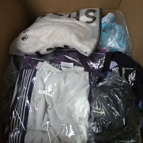 LARGE BOX OF ASSORTED CLOTHING ITEMS IN VARIOUS SIZES, STYLES AND COLOUR 