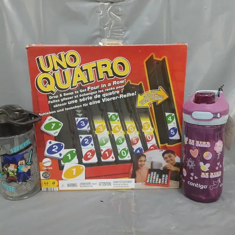 BOX OF APPROXIMATELY 10 ASSORTED HOUSEHOLD ITEMS TO INCLUDE UNO QUATRO, KID'S DRINKS BOTTLE, ETC - COLLECTION ONLY