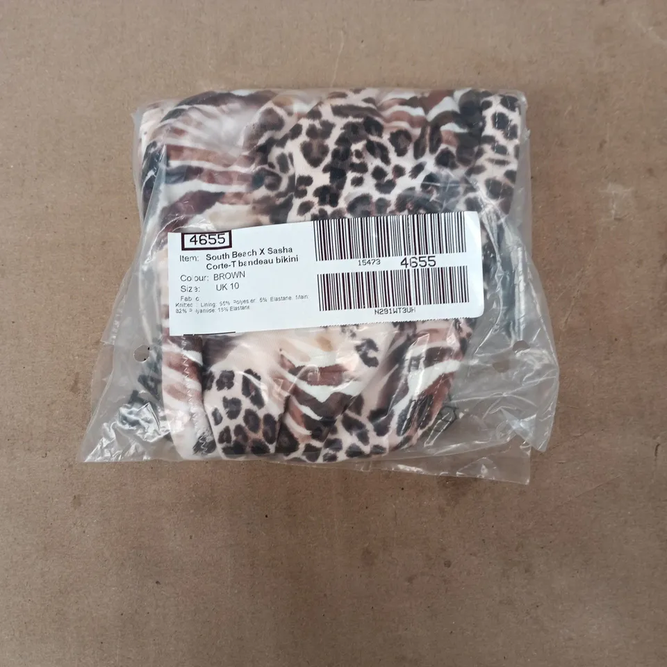 SOUTH BEACH X SASHA CORTE-T BANDEAU BIKINI – UK 10, BROWN LEOPARD