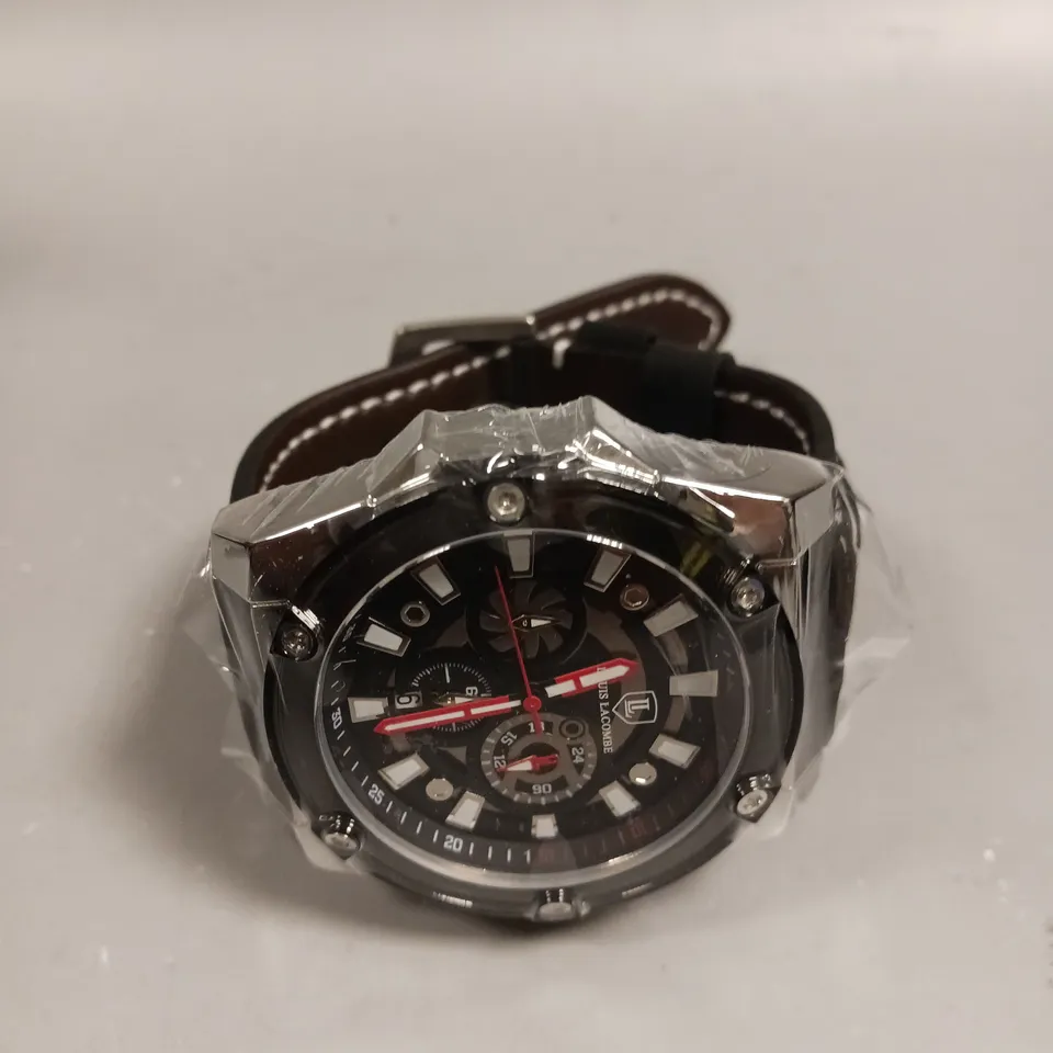 MENS LOUIS LACOMBE CHRONGRAPH WATCH – 3 SUB DIALS – SILVER COLOUR CASE – LEATHER STRAP