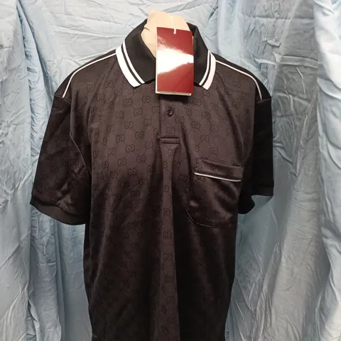 GUCCI MONOGRAM POLO SHIRT – BLACK, ALL-OVER PATTERN - SIZE M