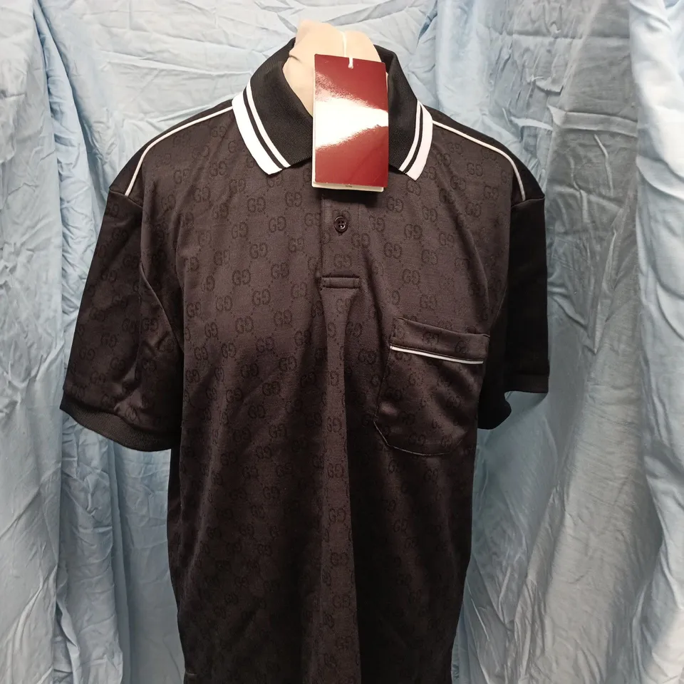 GUCCI MONOGRAM POLO SHIRT – BLACK, ALL-OVER PATTERN - SIZE M