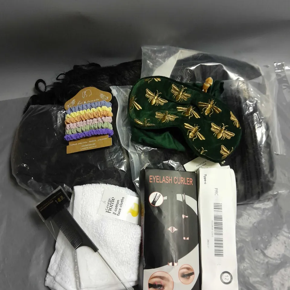 BOX OF APPROXIMATELY 10 ASSORTED COSMETIC ITEMS TO INCLUDE - ASSORTED WIGS - ELIZABETH ARDEN SLEEP MASK - EYELASH CURLER - ETC