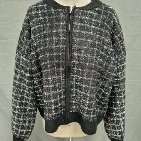 OLIVER BONAS CHECK TINSEL BOMBER IN BLACK SIZE 18