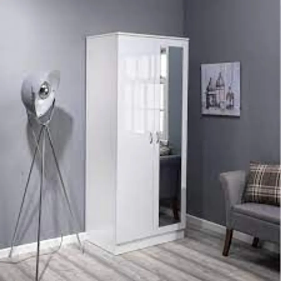 BOXED BRENDLE 2-DOOR MIRRORED WARDROBE, WHITE GLOSS (2 BOXES)