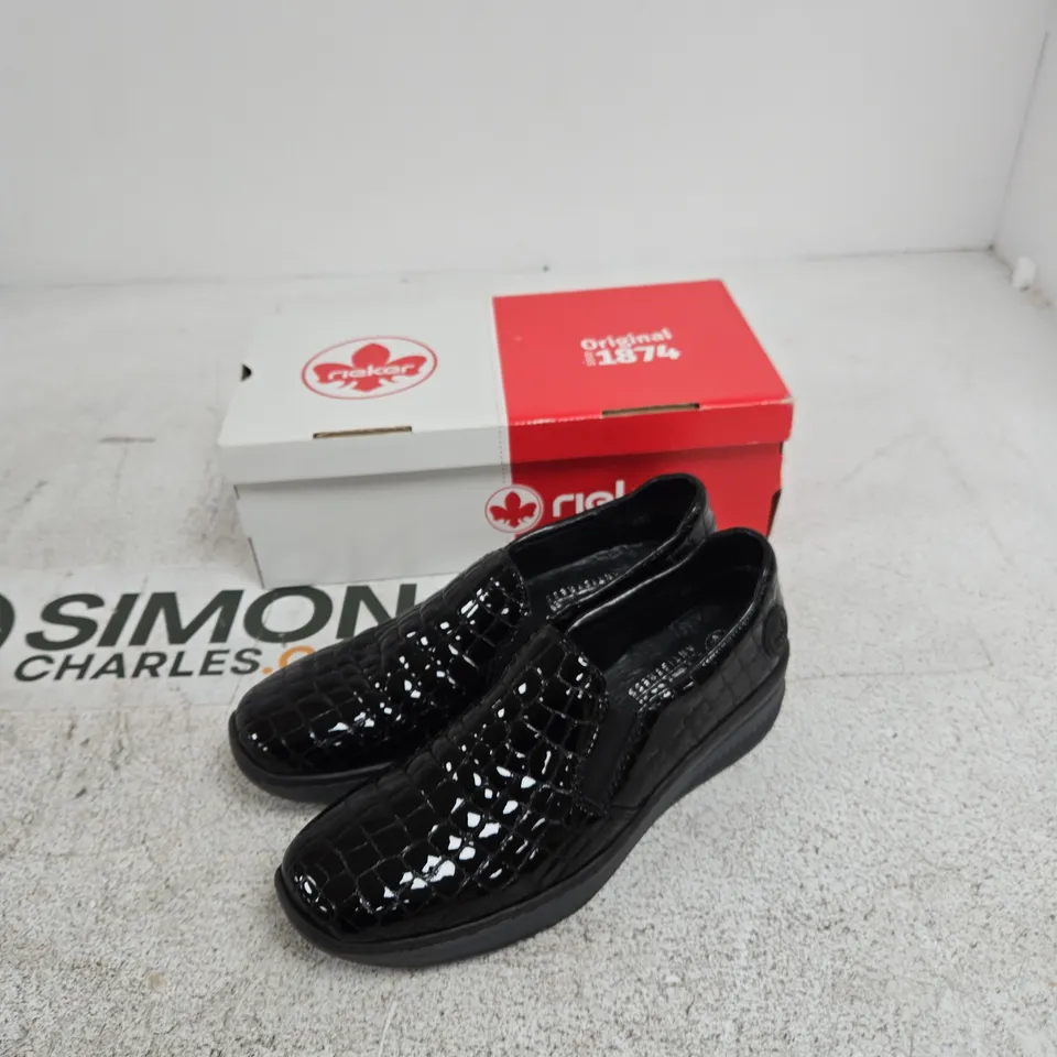 RIEKER BLACK CROC‑EFFECT WEDGE SLIP-ON SHOES – UK 6½ (EU 40)