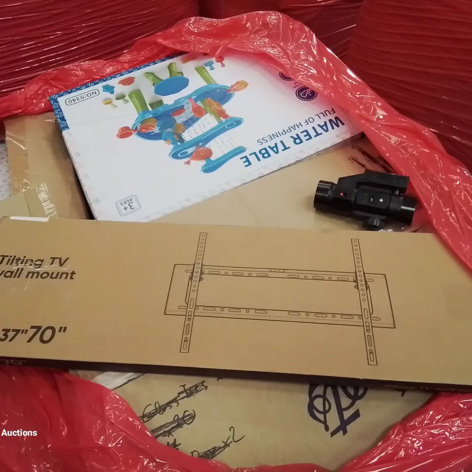 PALLET OF ASSORTED ITEMS INCLUDING TILTING TV WALL MOUNT, KIDS WATER TABLE