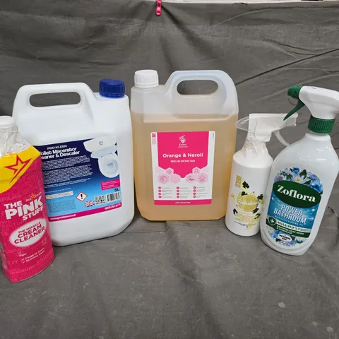 APPROXIMATELY 5 ASSORTED LIQUIDS TO INCLUDE ZOFLORA POWER BATHROOM, TOILET MACERATOR CLEANER & DESCALER, THE PINK STUFF CREAM CLEANER, ETC - COLLECTION ONLY