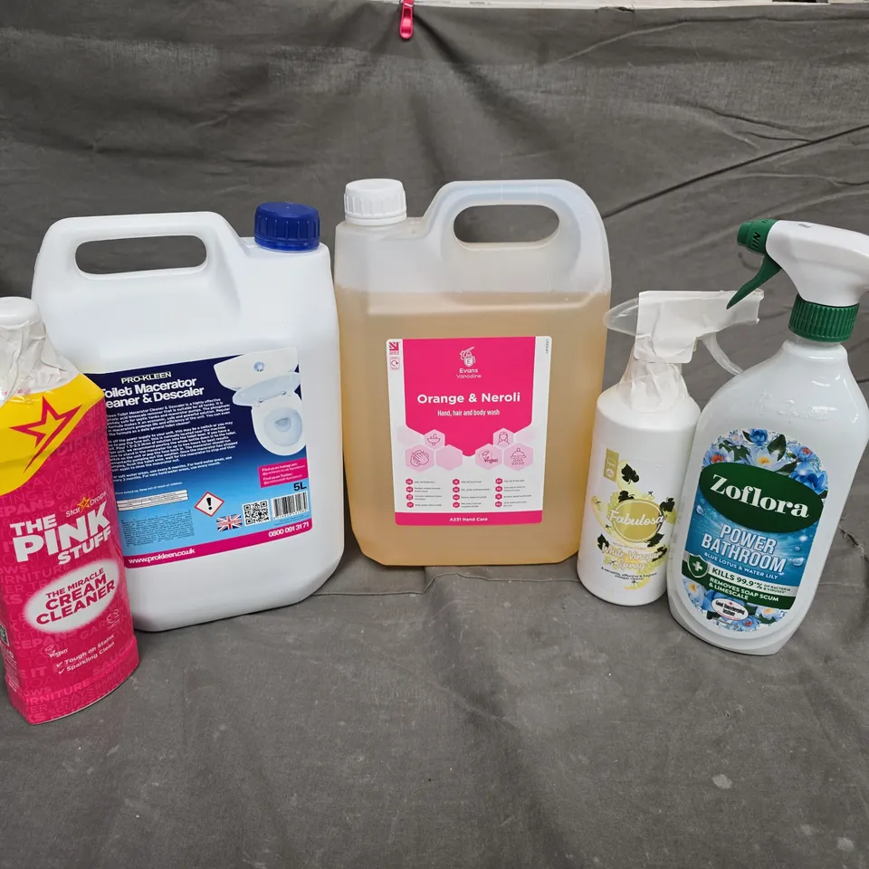 APPROXIMATELY 5 ASSORTED LIQUIDS TO INCLUDE ZOFLORA POWER BATHROOM, TOILET MACERATOR CLEANER & DESCALER, THE PINK STUFF CREAM CLEANER, ETC - COLLECTION ONLY