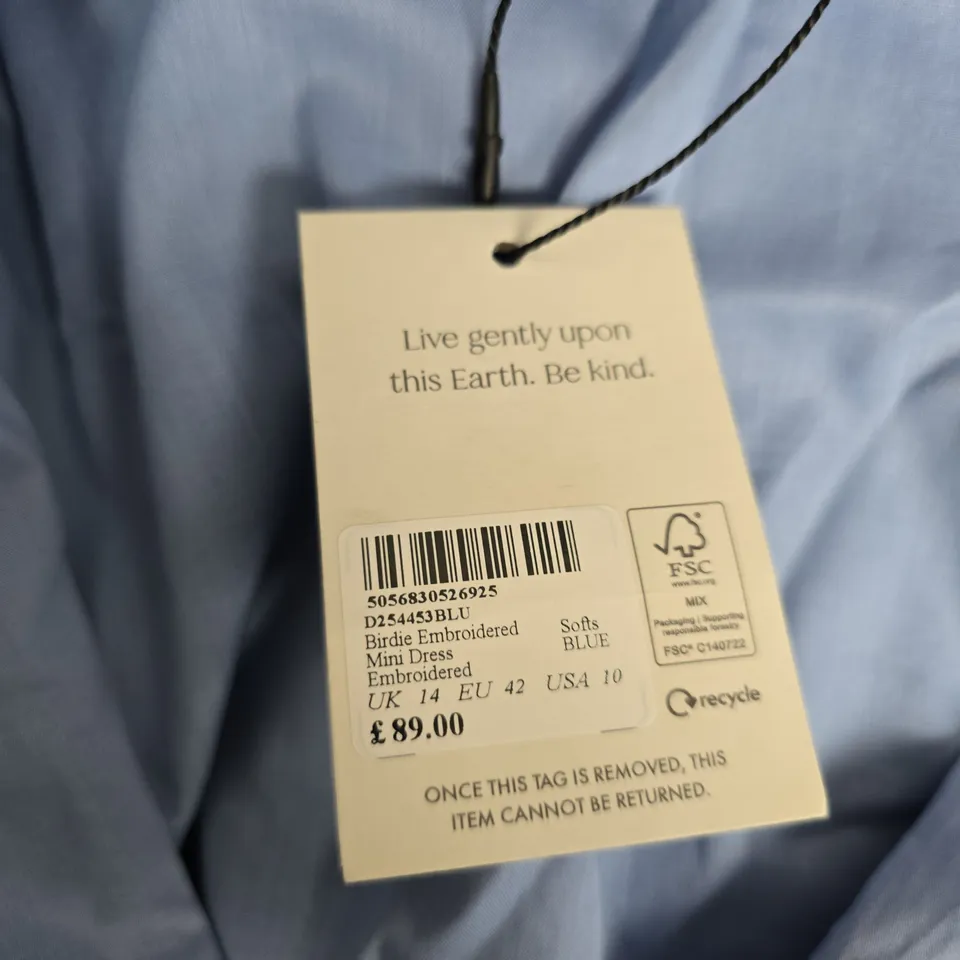 NOBODY'S CHILD BIRDIE EMBROIDERED MINI DRESS – UK 14 (EU 42) – BLUE
