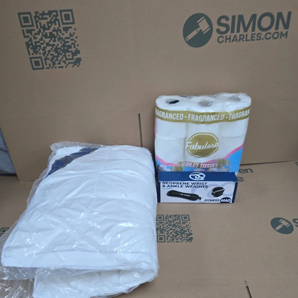 BOX OF APPROXIMATELY 12 ASSORTED HOUSEHOLD ITEMS TO INCLUDE PILLOW, FABULOSA TOILET ROLLS AND NEOPRENE WRIST AND ANKLE WEIGHTS