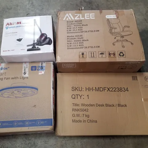 PALLET CONTAINING ASSORTED PRODUCTS INCLUDING OFFICE CHAIR, BLACK WOODEN DESK, CEILING FAN WITH LIGHT & VACUUM CLEANER